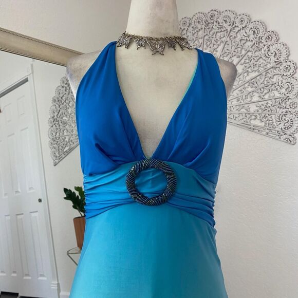 XOXO Early 2000's Mermaid Teal Blue Color Gradient Maxi Prom Dress S Made in USA - Picture 4 of 7
